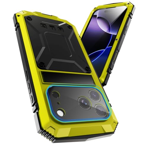 Disonbeir アルミ合金製 対応 iPhone17 Pro ケース, 360度保護 強化ガラス スクリーンプロテクター付き, ワメタル バンパー,アイフォン17Pro用 アルミ合金 生活防水，防塵メタルケース バンパー，衝撃吸収 スタンド機能搭載, アウトドア向け 頑丈設計 (イエロー, iPhone 17 Pro)