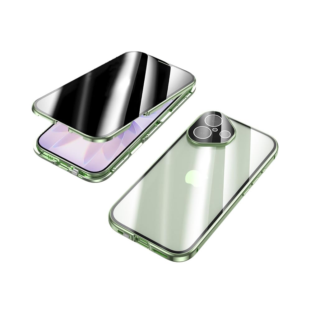 iPhone17 用 ケース 覗き見防止 全面カバー マグネット式 両面ガラス 一体型ガラスフィルム付き カメラ保護 ロック付き アイフォン17 対応 フルカバー アルミバンパーケース,グリーン