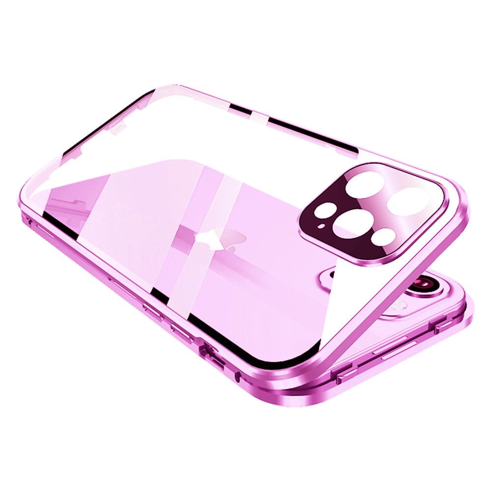 ロック付き iPhone16 ケース クリア 全面カバー フルカバー カメラ保護 ロック式 アルミバンパー マグネット式 アイホン 16 ガラスケース 両面ケース 透明 全面保護,ピンク