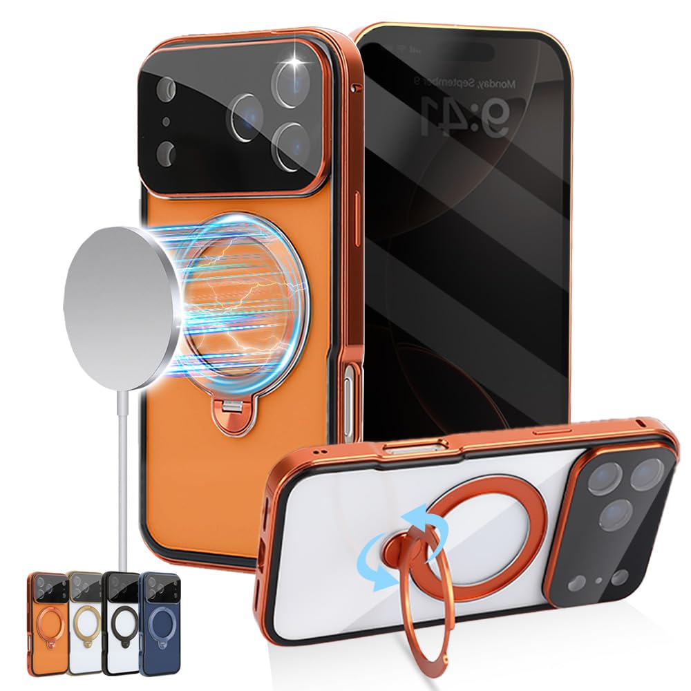 Panashield iPhone17 用 ケース 全面保護 【覗き見防止 +MagSafe対応+360度回転スタンド 】縦横両対応 両面強化ガラス フルカバー 耐衝撃 アルミバンパー カメラレンズ保護 透明背面 黄変防止 落下防止 ストラップホール付き タッチ感度良い ワイアレス充電 アイフォン17 用 ケース 6.3インチ オレンジ