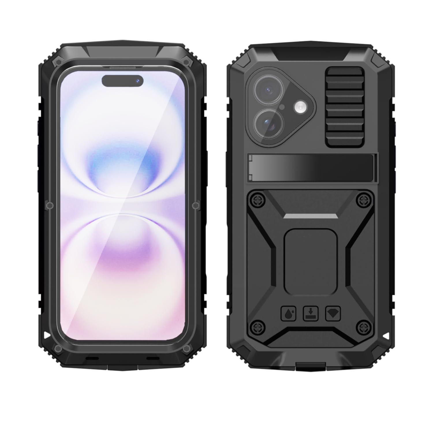 【Yikasina】 iPhone 17 ケース 軍用規格耐衝撃 金属合金フレーム 3防（防塵・耐衝撃・生活防水） アイフォン17 6.3インチ 強化ガラス内蔵 360°全面保護 スタンド付き（ブラック）