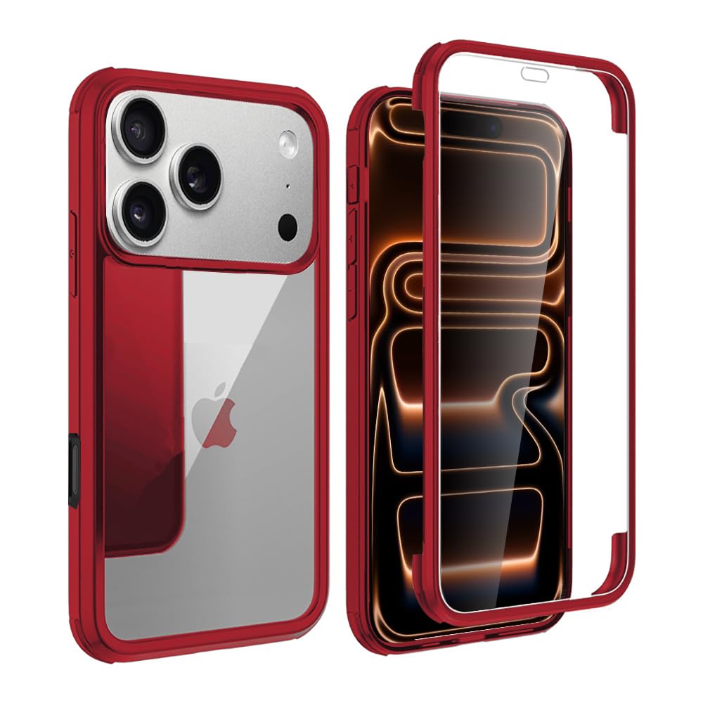 YSAN iPhone17 ケース 360度全面保護 [100％画面感度][両面透明] クリアフルカバー 米軍MIL規格 透明 耐衝撃 薄型 軽量 シリコンフレーム 滑り止めバンパー Qi充電対応 (レッド, iPhone17)