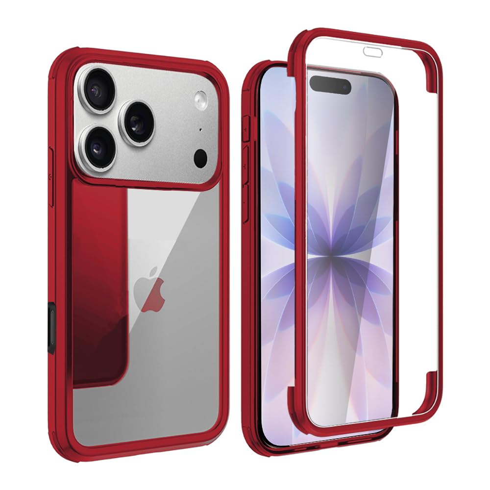 YSAN iPhone17Pro 用 ケース 360度全面保護 [100％画面感度][両面透明] クリアフルカバー 米軍MIL規格 透明 耐衝撃 薄型 軽量 シリコーンフレーム 滑り止めバンパー ワイヤレス充電対応 (レッド, iPhone17Pro用)