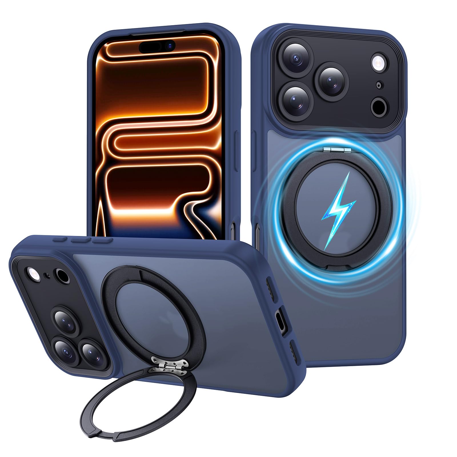 Aunote iPhone 17 Pro ケース 精密カメラ保護 360°回転スタンド MagSafe対応 薄型 軽量 米軍MIL規格 耐衝撃 黄変防止 スマホケース iPhone17proケース カバー ブルー