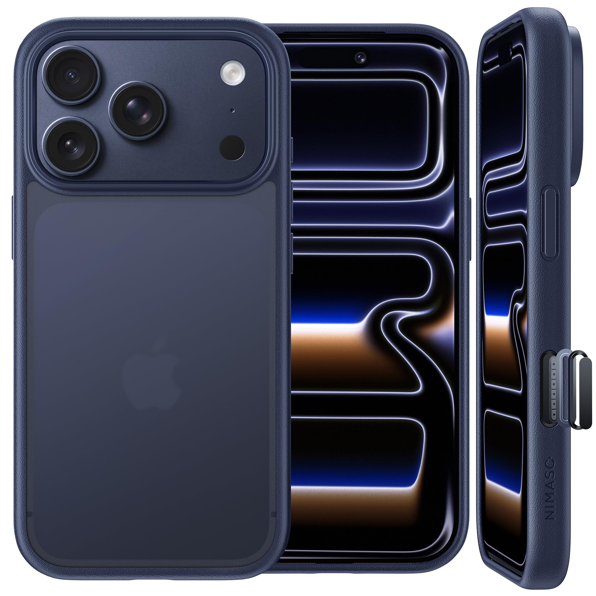 NIMASO iPhone 17 Pro用 ケース 滑り止め マット仕上げ 半透明 全面保護 iPhone 17 Pro 対応 カバー 耐衝撃 カメラコントロールカバー 米軍MIL規格取得 ワイヤレス充電 ストラップホール付き アイフォン17Pro対応 （6.3インチ） スマホケース ブルー（黒羽シリーズ）NSC25F1624