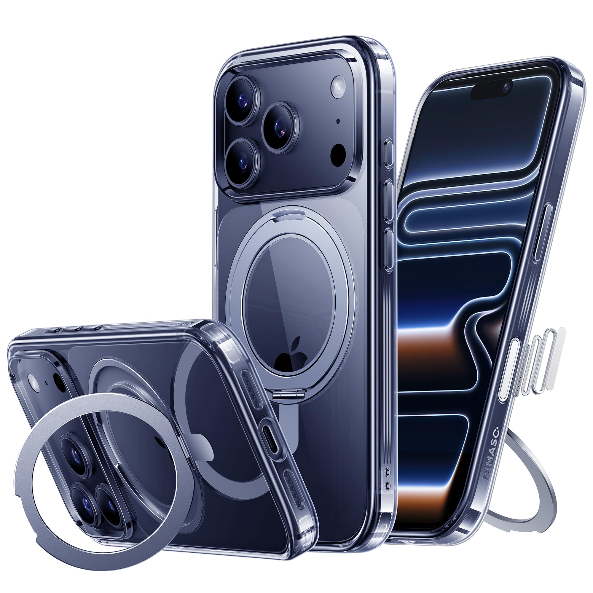NIMASO iPhone 17 Pro 用 ケース 縦横両対応 360°回転スタンド いphone 17 Pro 対応 カバー MagSafe対応 携帯スマホケース リング付き 耐圧設計 マグネット搭載 カメラコントロールボタン付き 米軍MIL規格 耐衝撃 傷防止 指紋防止 黄变防止 クリアケース （氷星シリーズ）NSC25F1683