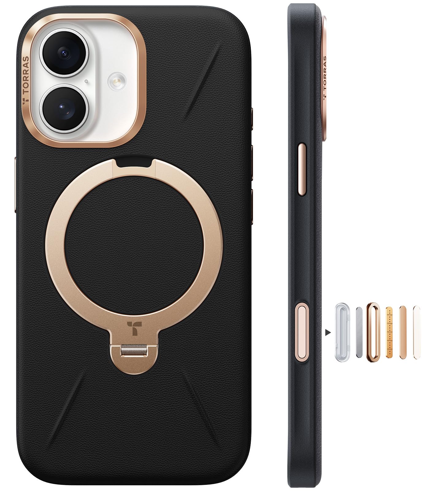 TORRAS iPhone 17 用 ケース【新感覚レザー・スキンタッチ】Ostand Q3 レザートーン MagSafe対応 リング スタンド 360°定点回転 縦横両対応 マグネット搭載 革 カメラコントロールボタン 米軍規格 耐衝撃 指紋防止 こくよう・ブラック