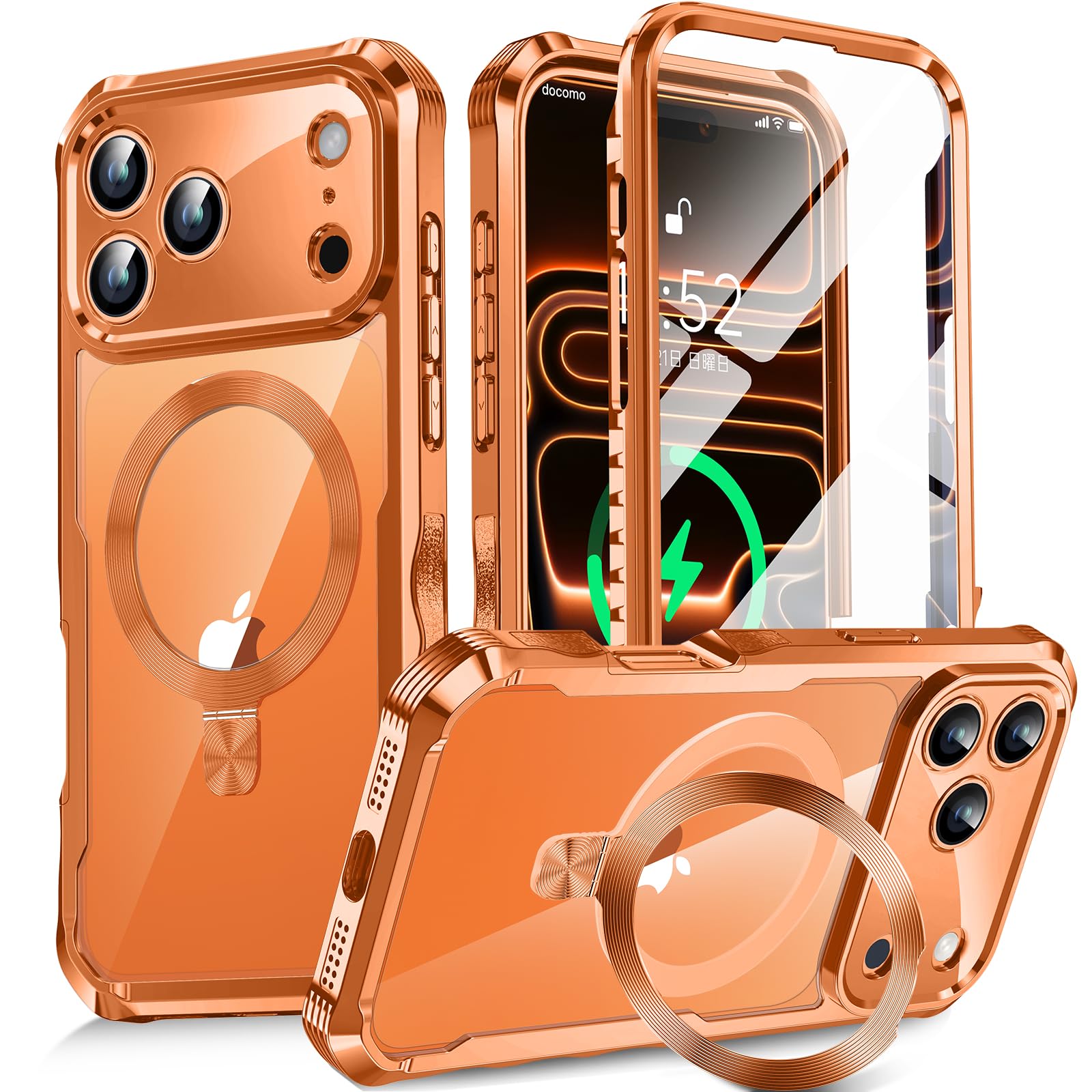 【360°全面保護・スタンド・Magsafe対応】KELLCASE iPhone 17 Pro 用 ケース 両面 隠しスタンド・CDリング 横縦両立 ワイヤレス充電 いphone17 pro カバー 黄変防止透明PC背面 メッキバンパー 米軍MIL規格耐衝撃 マグセーフ対応 高感度タッチ アイフォン17プロ 用 ケース 6.3インチ（オレンジ）
