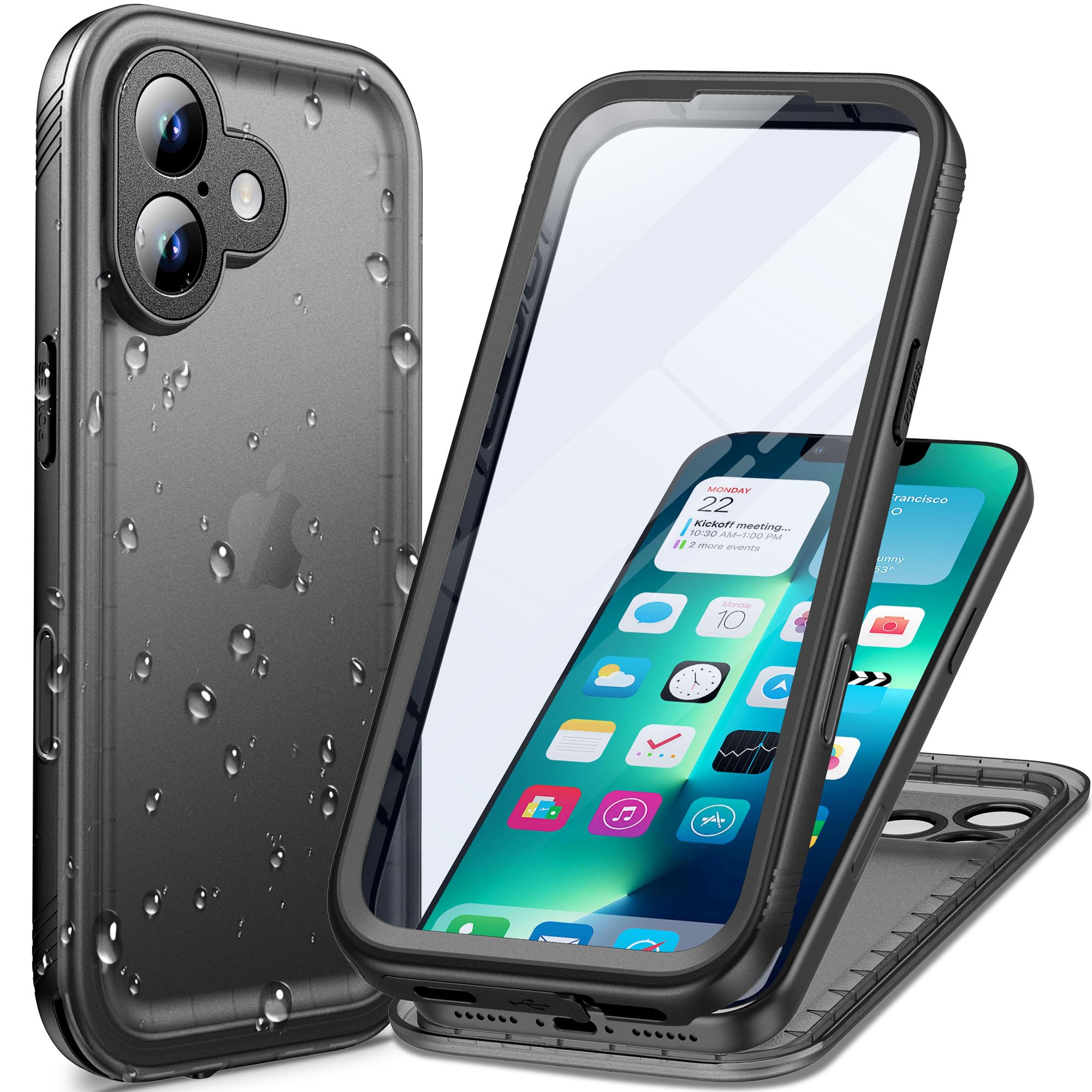 Cozycase トップクラス iPhone 17用 防水ケース 米軍IP68完全防水防塵 2m耐衝撃 落下全面保護 iphone17 携帯ケース スリム 360度フルカバー強化両面前後頑丈ハード 工事 風呂水中撮影海 雨 高機能手机壳 子供充電通話洗濯可能 あいphone17 アイフォン 17 iPhone Case mil規格5gスマホカバー指紋防止カメラ画面一体型「6.3インチ-黒」